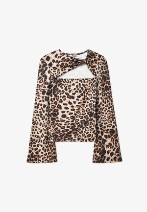 Leopardi-kuviollinen paita, jossa on kiertävä etuosasuunnittelu, pitkät hihat ja avara kaula-aukko. Valmistettu sileästä, joustavasta kankaasta.