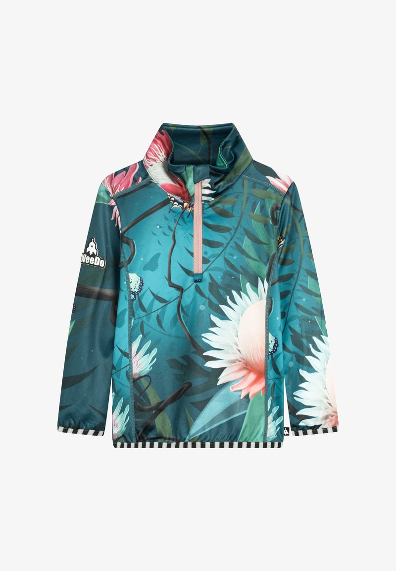 Langærmet pullover med et blomstermotiv og bladdesign. Har en høj krave, lynlås foran i kvart længde og en teal grundfarve. Stribet kant i sort og hvid.