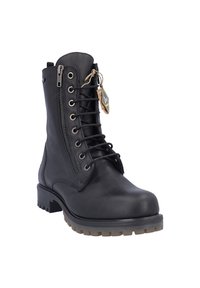 Botas de tobillo de cuero negro con cordones en la parte delantera, cremallera lateral y suela de goma resistente que presenta un patrón texturizado y una etiqueta colgante.