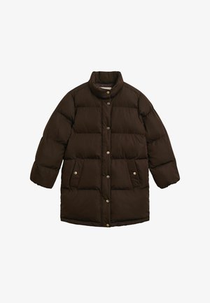 Brauner gepolsterter Mantel mit hohem Kragen, zwei Fronttaschen, Druckknopfverschluss und gestepptem Design. Weicher Stoff und lässige Passform.