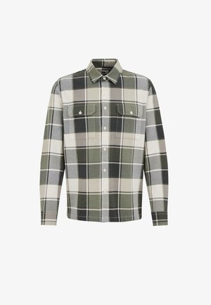 Srajca z dolgimi rokavi v karirastem vzoru, izdelana iz mehkega blaga v temno zeleni, svetlo zeleni, beli in sivi barvi, z dvema žepoma na prsih in z gumbom na sprednji strani.