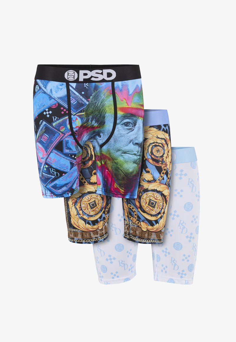 Trois paires de caleçons masculins avec des motifs colorés incluant de l'argent, un portrait de Benjamin Franklin, des motifs baroques dorés et des logos bleus.