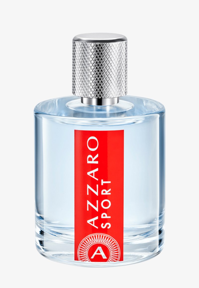 Clear round glass perfume bottle with silver textured cap and vertical red label reading Azzaro Sport.