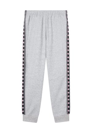 Pantaloni della tuta grigi con vita elasticizzata, polsini stretti e strisce laterali con motivo logo in rosso e nero. Tessuto morbido in misto cotone.