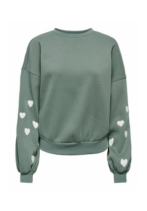 Sweat-shirt vert à manches longues avec motifs de cœurs blancs sur les deux manches et bords-côtes aux poignets et à l'ourlet.