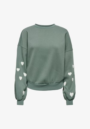 Sweat-shirt vert à manches longues avec motifs de cœurs blancs sur les deux manches et bords-côtes aux poignets et à l'ourlet.