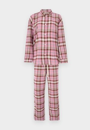 Pink, brown, and white plaid long-sleeve button-up shirt with matching drawstring pants pajama set on white background.