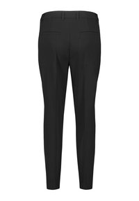 Schwarze, taillierte Hose mit schmaler Passform, aus glattem Stoff gefertigt. Verfügt über zwei Gesäßtaschen und ein sauberes, flaches Bunddesign.