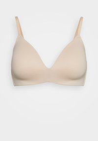 Beige bra with a smooth texture, triangle cups, and thin, adjustable straps. Simple design, no visible hardware or patterns.