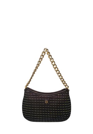 Borsa a tracolla nera con cinghia a catena dorata e borchie multicolori che coprono la parte anteriore, con un piccolo emblema circolare dorato al centro.