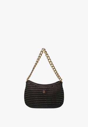 Borsa a tracolla nera con cinghia a catena dorata e borchie multicolori che coprono la parte anteriore, con un piccolo emblema circolare dorato al centro.