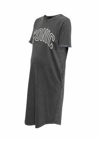 Hall hallituse t-särgi kleit lühikeste varrukatega, ümmarguse kaelusega ja valge "ICONIC" tekst rinnal; pehme puuvillane materjal.