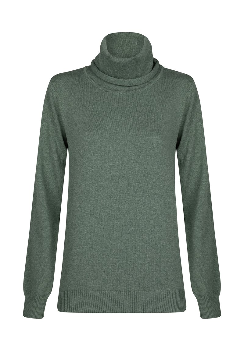Pull à col roulé vert en matière douce, avec des manches longues et un ourlet et des poignets côtelés, présentant une texture lisse sur l'ensemble.