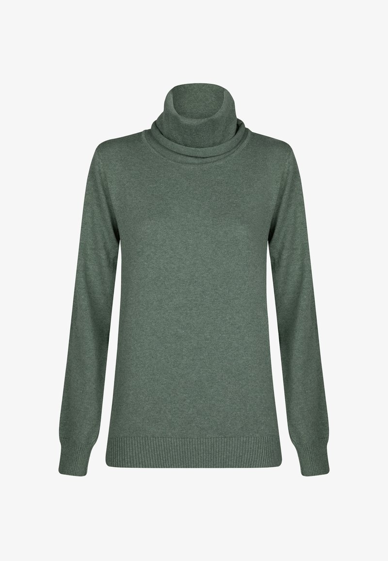 Pull à col roulé vert en matière douce, avec des manches longues et un ourlet et des poignets côtelés, présentant une texture lisse sur l'ensemble.