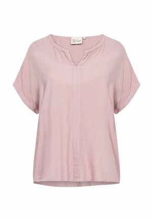 Rozā īso piedurkņu blūze ar V-veida kakla izgriezumu, pogu slēgšanu un smalku spīdumu. Viegls audums ar brīvu piegriezumu un noapaļotu apakšmalu.