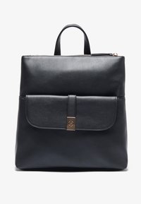 Black leather backpack with a smooth texture, front flap pocket, gold hardware accent, and dual top handles. Zippered closure at the top.