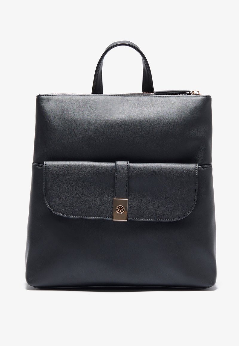 Black leather backpack with a smooth texture, front flap pocket, gold hardware accent, and dual top handles. Zippered closure at the top.