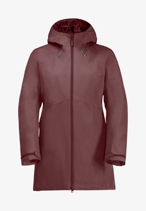 Chaqueta marrón marino impermeable con capucha, cremallera frontal y cordones ajustables. Textura suave con puños elásticos y detalle de logo.