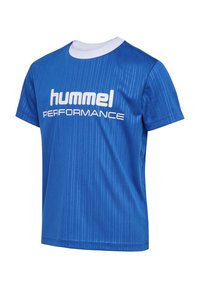 Blå atletisk tröja gjord av slätt, fukttransporterande tyg. Har horisontella ränder och en vit rundhalsad krage med en logo i vitt.