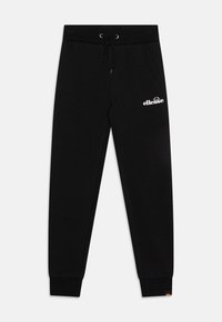 Pantalones jogger negros hechos de tela suave, con una cinturilla elástica con cordón, puños de canalé y un logo blanco en el lado izquierdo.