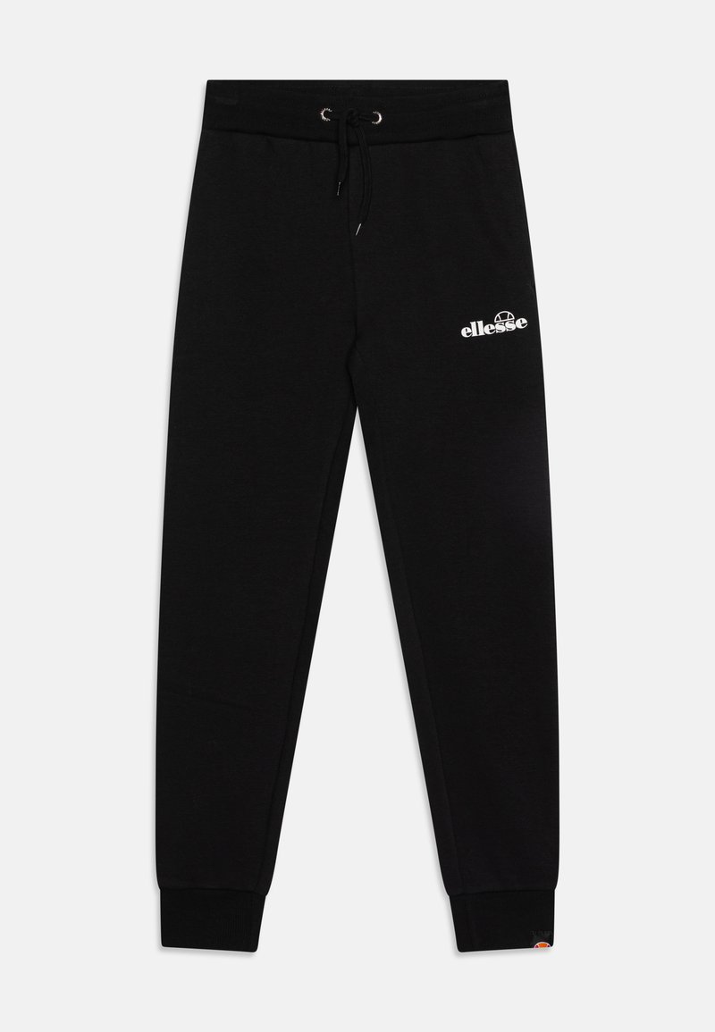 Pantalones jogger negros hechos de tela suave, con una cinturilla elástica con cordón, puños de canalé y un logo blanco en el lado izquierdo.