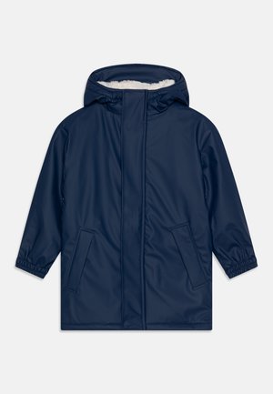 Marineblaue Kinder-Winterjacke mit Kapuze, Fronttaschen, elastischen Bündchen und weißem, mit Fleece gefüttertem Innenfutter.