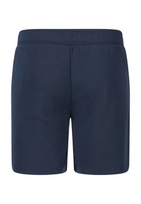 Marineblå træningsshorts med elastisk talje, vist bagfra på en hvid baggrund.