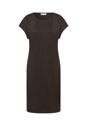 Dunkelbraunes, kurzärmeliges, knielanges Kleid mit rundem Ausschnitt und einfachem, geradem Schnitt.
