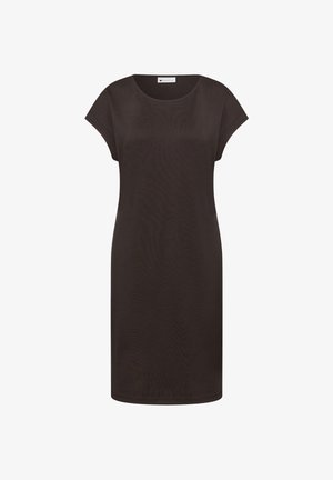 Dunkelbraunes, kurzärmeliges, knielanges Kleid mit rundem Ausschnitt und einfachem, geradem Schnitt.