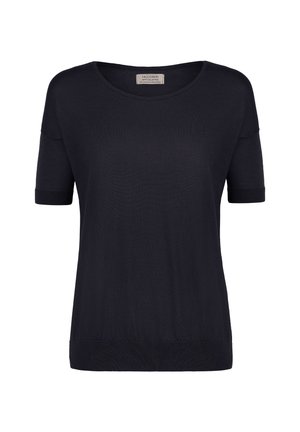 Granatowy dzianinowy top z krótkim rękawem, okrągłym dekoltem, ściągaczami na mankietach i lekko luźnym krojem. Miękka faktura z minimalnymi zdobieniami.
