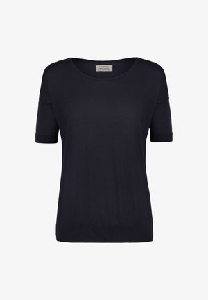 Granatowy dzianinowy top z krótkim rękawem, okrągłym dekoltem, ściągaczami na mankietach i lekko luźnym krojem. Miękka faktura z minimalnymi zdobieniami.