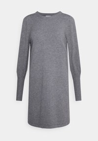 Robe grise en maille avec des manches longues bouffantes et un col rond, présentant une coupe décontractée et une texture lisse. Aucun motif ni accent visible.