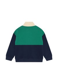 Pullover-Sweatshirt mit grünen, marineblauen und cremefarbenen Paneelen, einem Kragen sowie gerippten Bündchen und Saum. Weiche Stoffqualität.