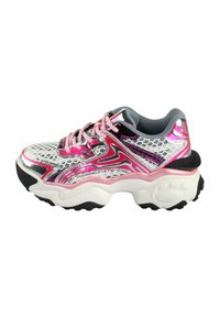Silver and pink sneaker with mesh upper, textured surfaces, thick white sole, and pink laces. Features shiny accents and a pronounced tread.