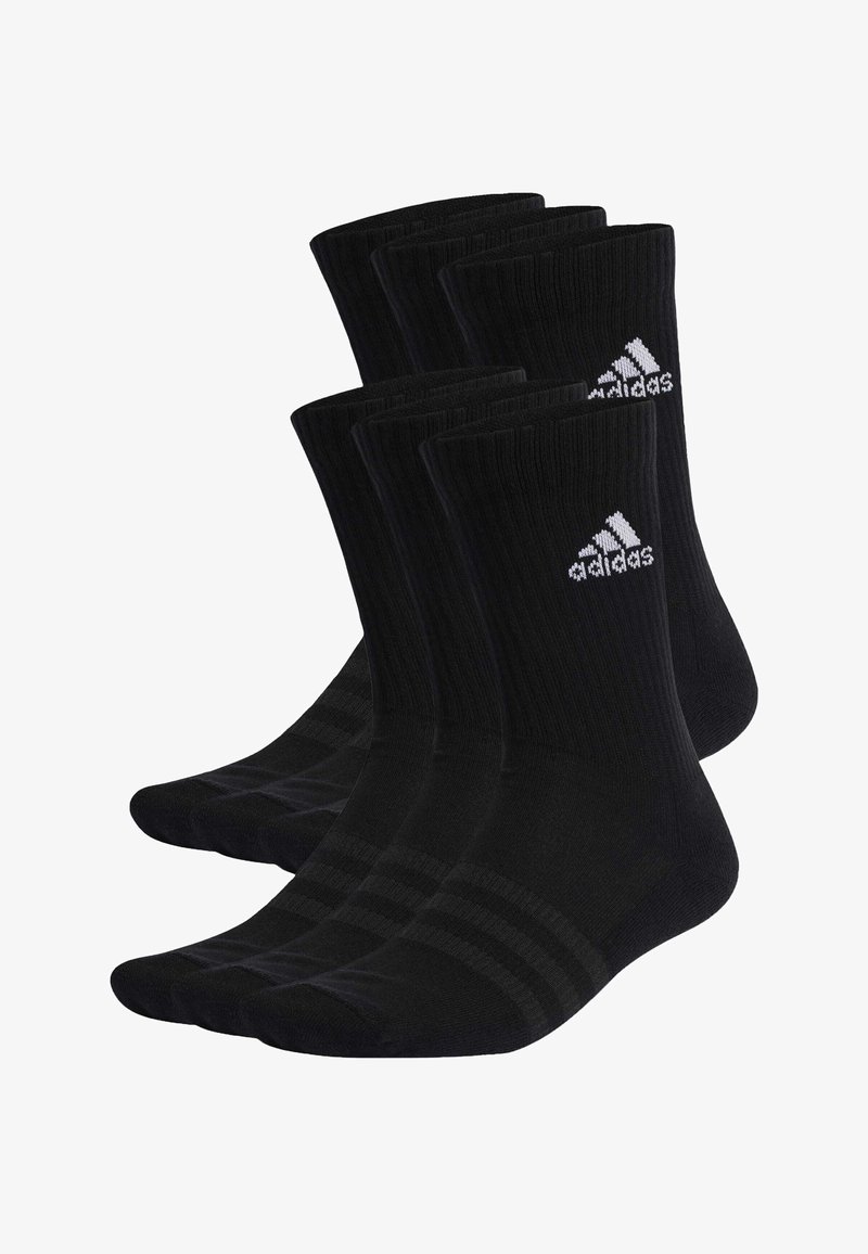 Mustad mustriga musta värvi sokid neljas komplektis, ribase disainiga, tugevdatud varvastega ja kolme valge triibuga koos logoga ülemises osas.
