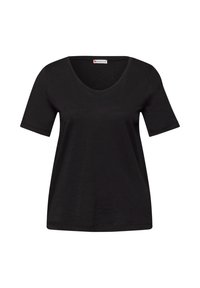 T-shirt femme noir à manches courtes avec encolure dégagée, design simple, et étiquette de la marque Street One à l'intérieur du col.