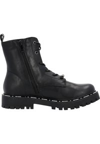 Stivaletto in pelle nera con lacci frontali, cerniera laterale, suola robusta e dettagli in cucitura bianca lungo il bordo della suola.
