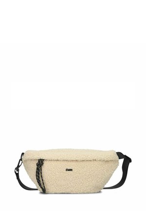 Fleece schoudertas in crème met een ronde vorm, zwarte verstelbare riem en zwarte trekkoorddetails aan de zijkant.