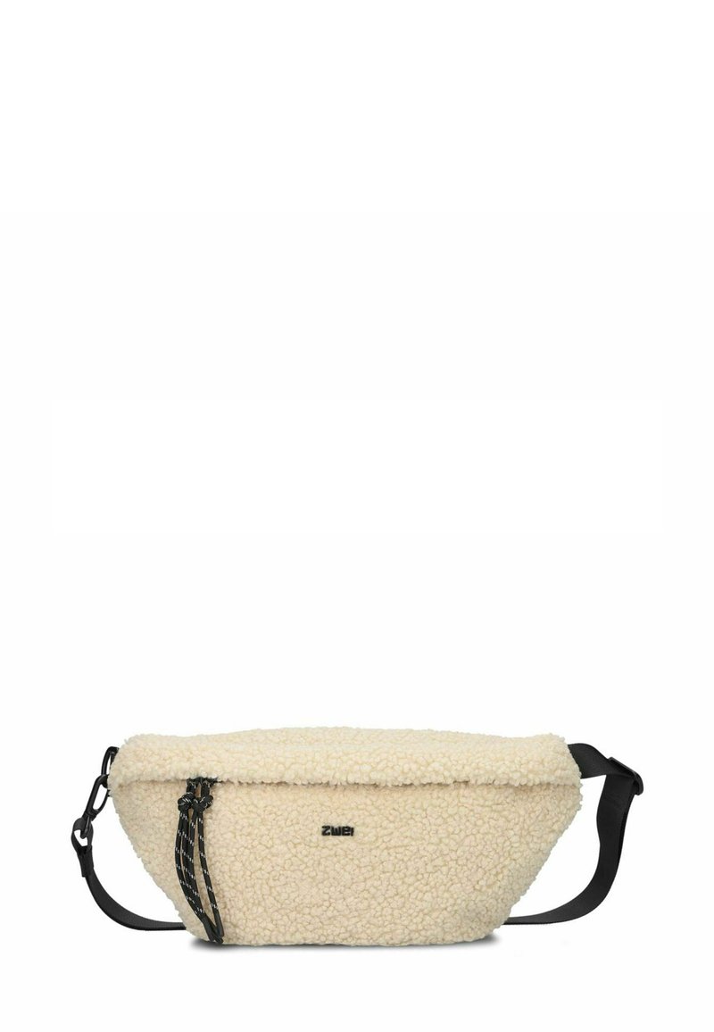 Borsa a tracolla in pile di colore crema, con forma arrotondata, tracolla nera regolabile e dettagli con cordoncino nero sui lati.