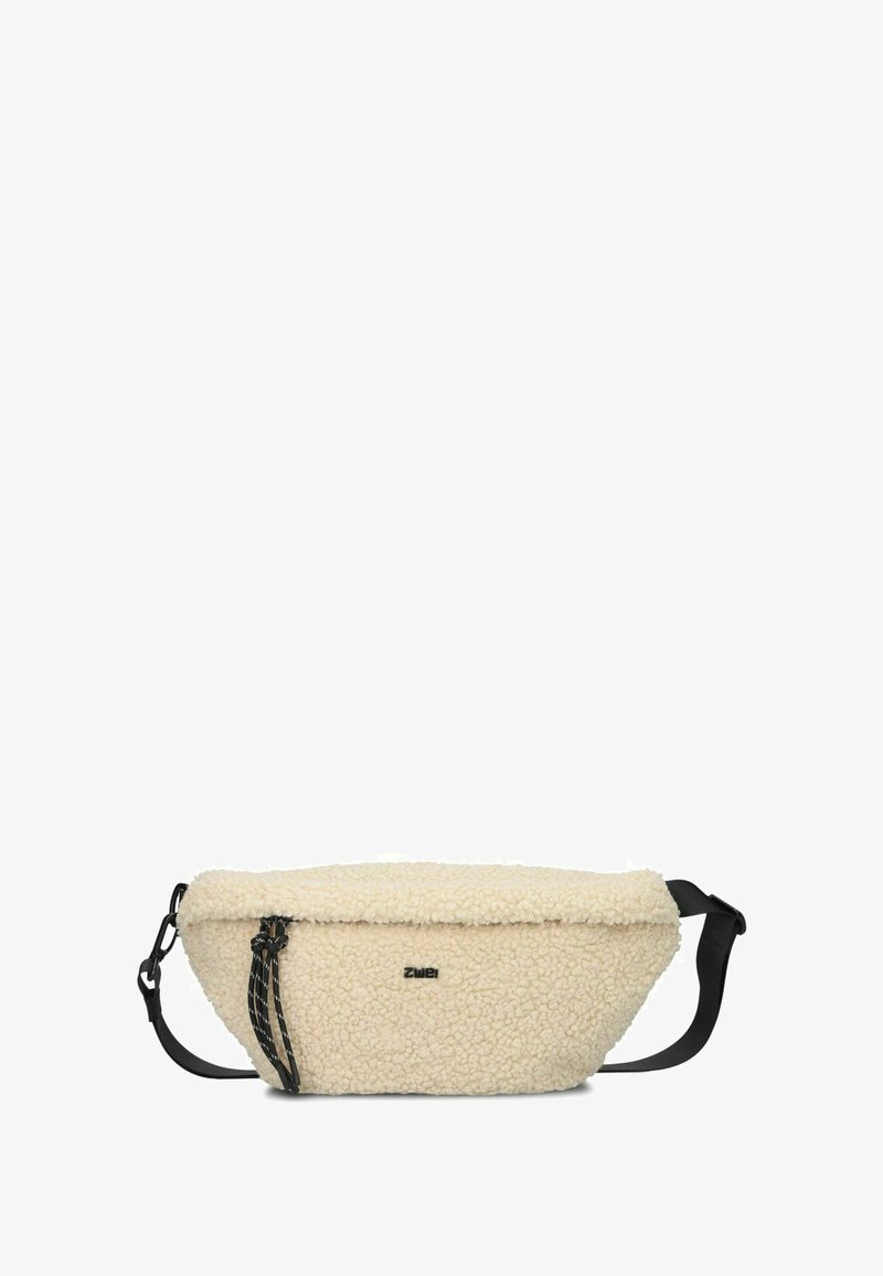 Borsa a tracolla in pile di colore crema, con forma arrotondata, tracolla nera regolabile e dettagli con cordoncino nero sui lati.
