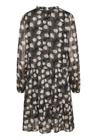 Robe noire à manches longues avec un ourlet à volants, ornée d'un motif de feuilles en crème et beige, fabriquée en tissu léger et transparent.