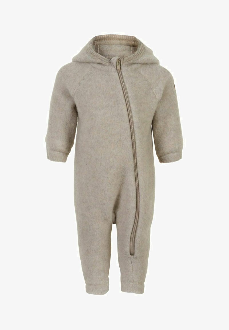 Vaahtopintainen beige haalaripuku, jossa on vetoketjullinen etuosa, pitkät hihat ja huppu. Varustettu ribbaattuja hihansuita ja sileä rakenne.