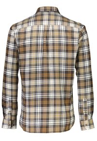 Camicia a quadri marrone e bianca con colletto button-down, maniche lunghe e orlo curvo. Presenta accenti blu e gialli nel motivo.
