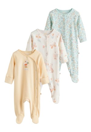 Tre langærmede sparkedragter til baby med fødder i pastelgul, hvid med dyr og lyseblå med blomster- og dyreprint.