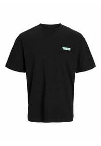 Camiseta de algodón negra de manga corta, con cuello redondo y un pequeño gráfico verde claro en la parte izquierda del pecho.