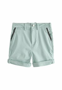 Light green cotton shorts with rolled cuffs, featuring two side pockets with black accent detailing and a front button closure.