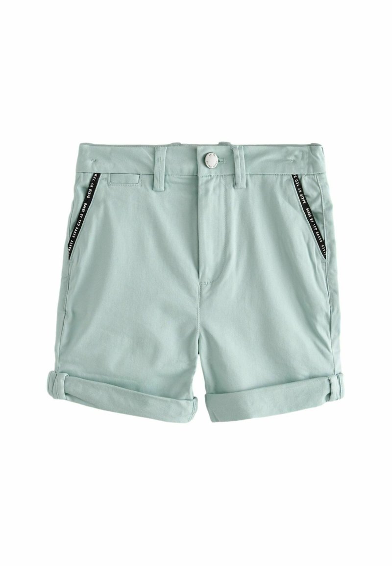 Light green cotton shorts with rolled cuffs, featuring two side pockets with black accent detailing and a front button closure.