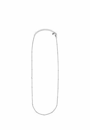 Naszyjnik z łańcuszkiem ze srebra ma delikatny wzór z małymi, okrągłymi koralikami rozmieszczonymi wzdłuż długości. Zawiera bezpieczne zapięcie do mocowania.