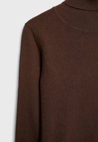 Pull à col roulé marron en maille avec manches longues, présenté de l'épaule au milieu du torse sur un fond clair uni.