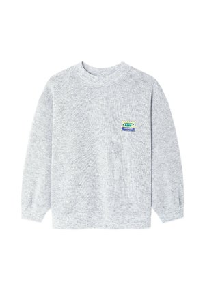 Pilkas vyriškas megztinis su ilgomis rankovėmis, tekstūruotas audinys ir mažas daugiaspalvis etiketas ant krūtinės su užrašu „SUPER SAVERS.“